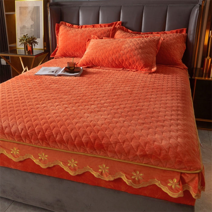 91家纺网 家纺一手货源 找家纺 恒爱 2022秋冬新款A类宝宝绒轻奢刺绣床笠 轻奢床笠爱玛橙