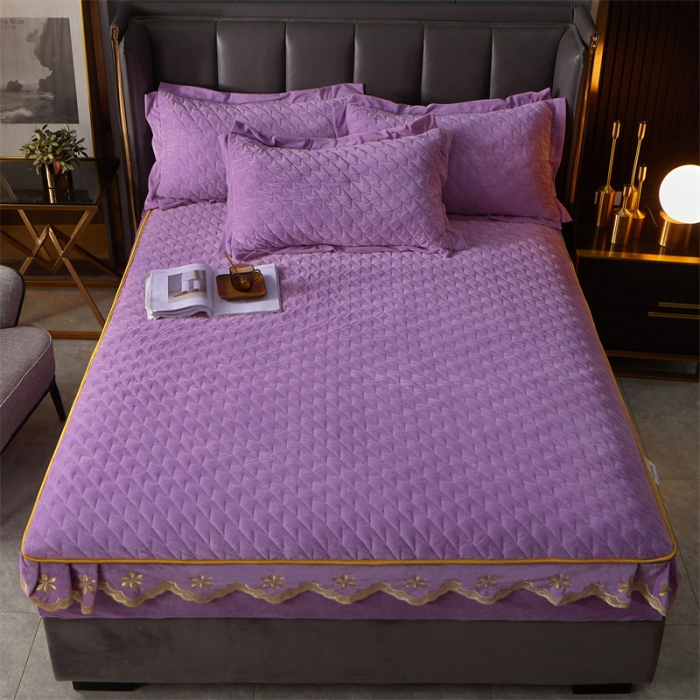 91家纺网 家纺一手货源 找家纺 恒爱 2022秋冬新款A类宝宝绒轻奢刺绣床笠 轻奢床笠豆沙紫