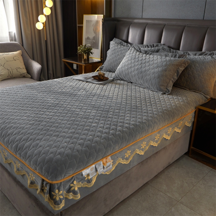 91家纺网 家纺一手货源 找家纺 恒爱 2022秋冬新款A类宝宝绒轻奢刺绣床笠 轻奢床笠高级灰