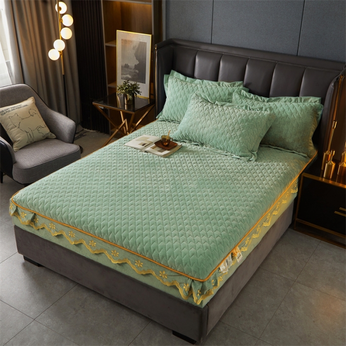 91家纺网 家纺一手货源 找家纺 恒爱 2022秋冬新款A类宝宝绒轻奢刺绣床笠 轻奢床笠抹茶绿