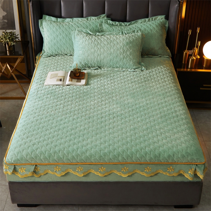 91家纺网 家纺一手货源 找家纺 恒爱 2022秋冬新款A类宝宝绒轻奢刺绣床笠 轻奢床笠抹茶绿