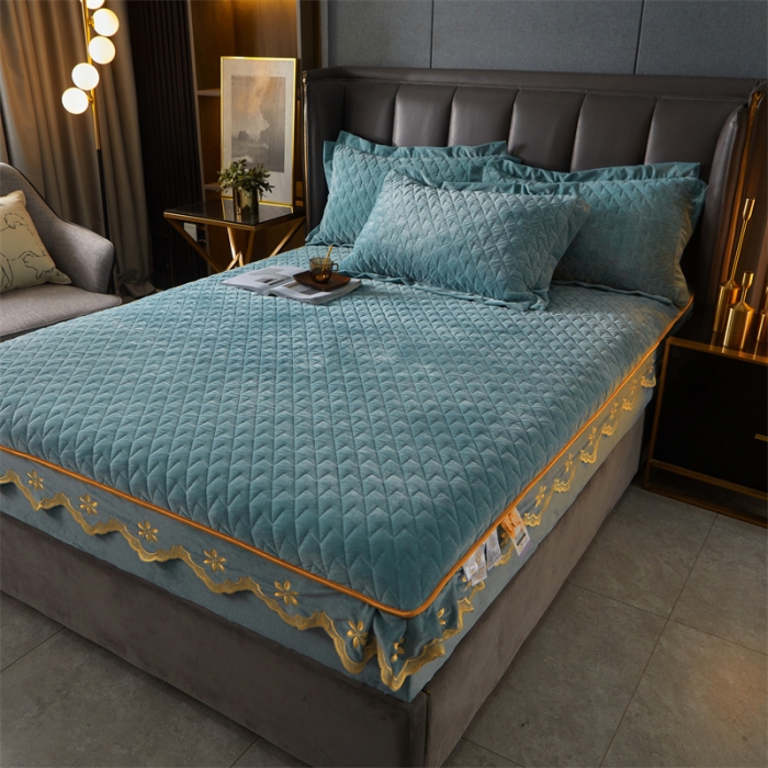 91家纺网 家纺一手货源 找家纺 恒爱 2022秋冬新款A类宝宝绒轻奢刺绣床笠 轻奢床笠浅灰蓝