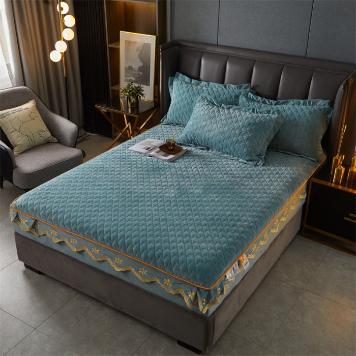 91家纺网 家纺一手货源 找家纺 恒爱 2022秋冬新款A类宝宝绒轻奢刺绣床笠 轻奢床笠浅灰蓝