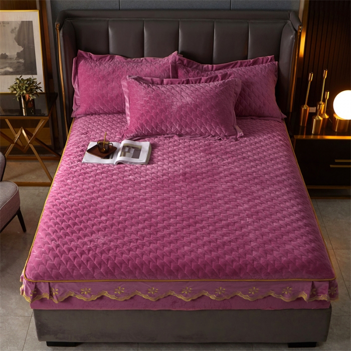 91家纺网 家纺一手货源 找家纺 恒爱 2022秋冬新款A类宝宝绒轻奢刺绣床笠 轻奢床笠深豆沙