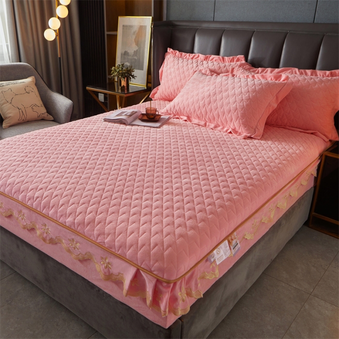 91家纺网 家纺一手货源 找家纺 恒爱 2022秋冬新款A类宝宝绒轻奢刺绣床笠 轻奢床笠香妃粉