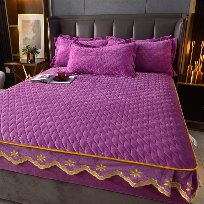 91家纺网 家纺一手货源 找家纺 恒爱 2022秋冬新款A类宝宝绒轻奢刺绣床笠 轻奢床笠香芋紫