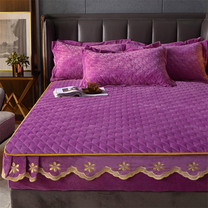 91家纺网 家纺一手货源 找家纺 恒爱 2022秋冬新款A类宝宝绒轻奢刺绣床笠 轻奢床笠香芋紫