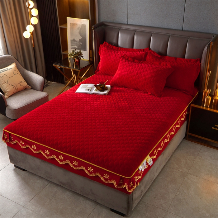 91家纺网 家纺一手货源 找家纺 恒爱 2022秋冬新款A类宝宝绒轻奢刺绣床笠 轻奢床笠中国红