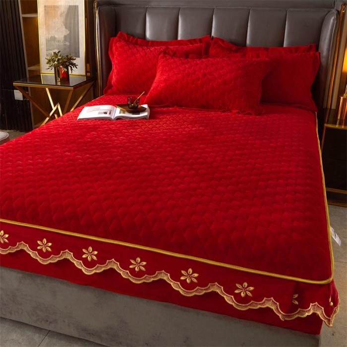 91家纺网 家纺一手货源 找家纺 恒爱 2022秋冬新款A类宝宝绒轻奢刺绣床笠 轻奢床笠中国红