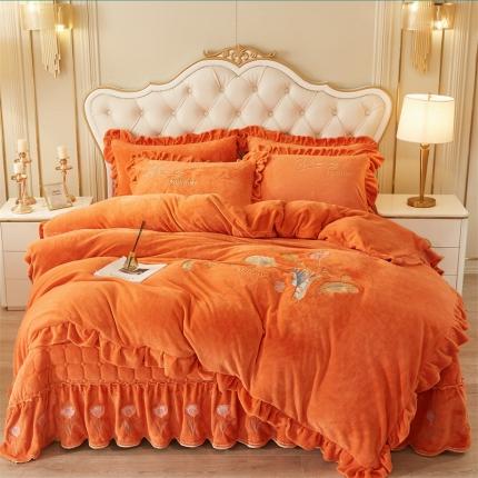 （总）恒爱2022秋冬新款A类牛奶绒羽毛刺绣夹棉床盖款四件套