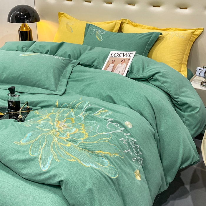 91家纺网 家纺一手货源 找家纺 涵宸 2022新款全棉铂金磨毛刺绣四件套-篱园系列 篱园-橄榄绿