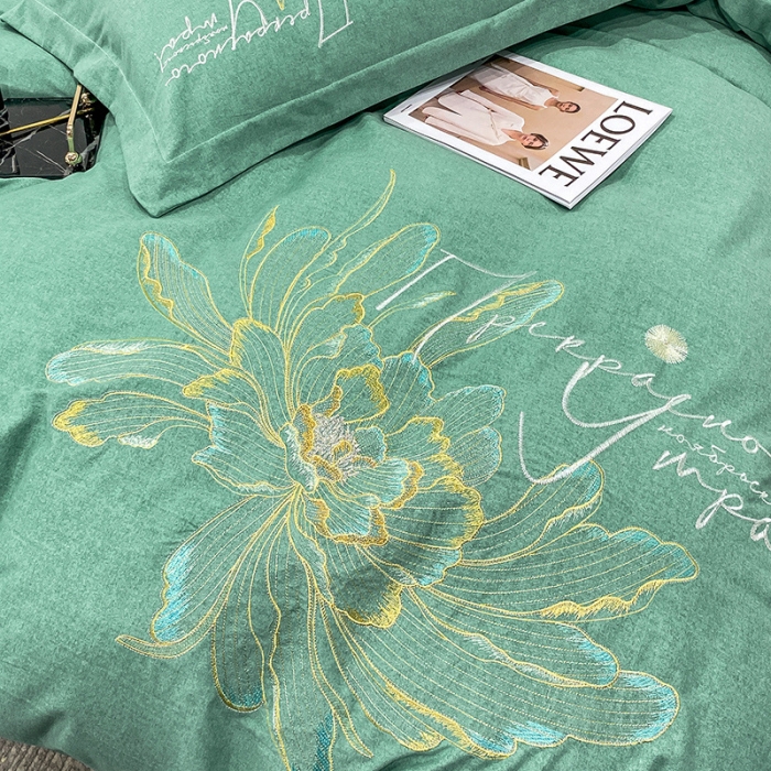 91家纺网 家纺一手货源 找家纺 涵宸 2022新款全棉铂金磨毛刺绣四件套-篱园系列 篱园-橄榄绿