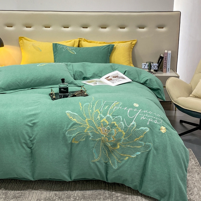 91家纺网 家纺一手货源 找家纺 涵宸 2022新款全棉铂金磨毛刺绣四件套-篱园系列 篱园-橄榄绿