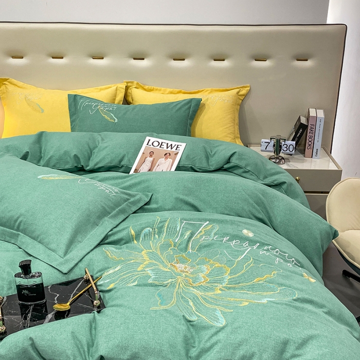 91家纺网 家纺一手货源 找家纺 涵宸 2022新款全棉铂金磨毛刺绣四件套-篱园系列 篱园-橄榄绿