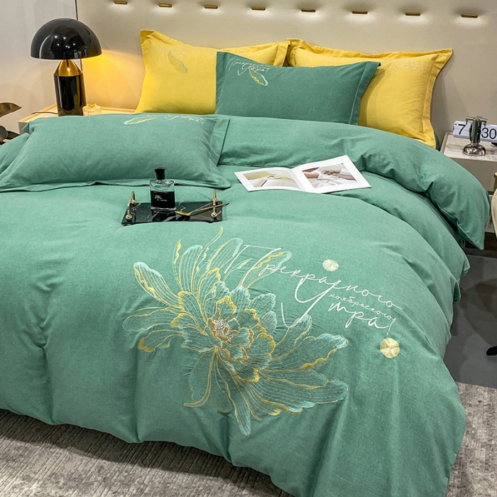 91家纺网 家纺一手货源 找家纺 涵宸 2022新款全棉铂金磨毛刺绣四件套-篱园系列 篱园-橄榄绿