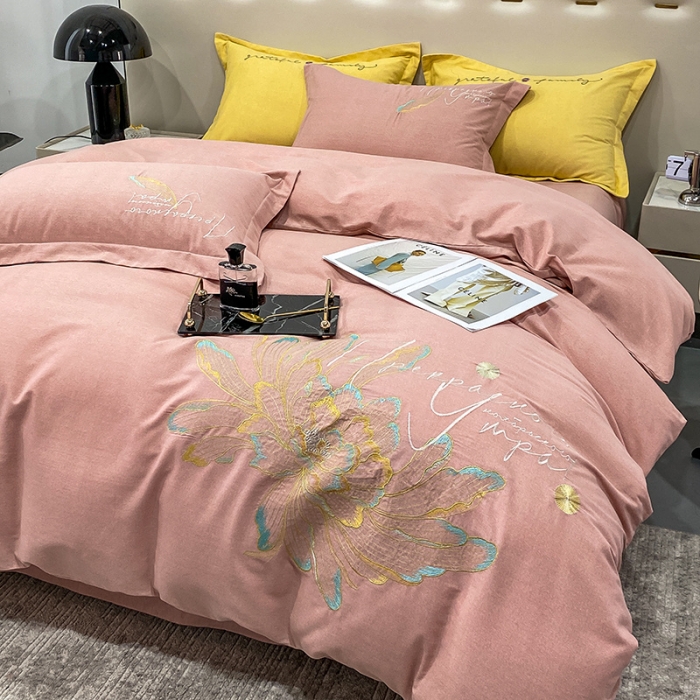 91家纺网 家纺一手货源 找家纺 涵宸 2022新款全棉铂金磨毛刺绣四件套-篱园系列 篱园-蜜桃玉