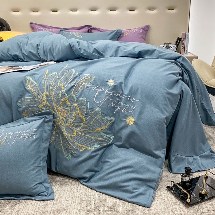 91家纺网 家纺一手货源 找家纺 涵宸 2022新款全棉铂金磨毛刺绣四件套-篱园 篱园-摩卡蓝