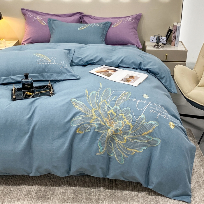 91家纺网 家纺一手货源 找家纺 涵宸 2022新款全棉铂金磨毛刺绣四件套-篱园 篱园-摩卡蓝