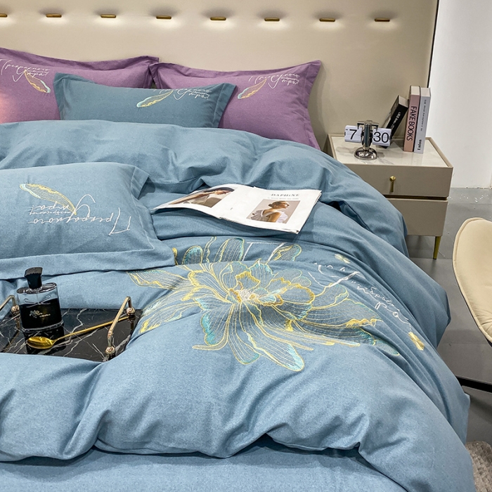 91家纺网 家纺一手货源 找家纺 涵宸 2022新款全棉铂金磨毛刺绣四件套-篱园 篱园-摩卡蓝