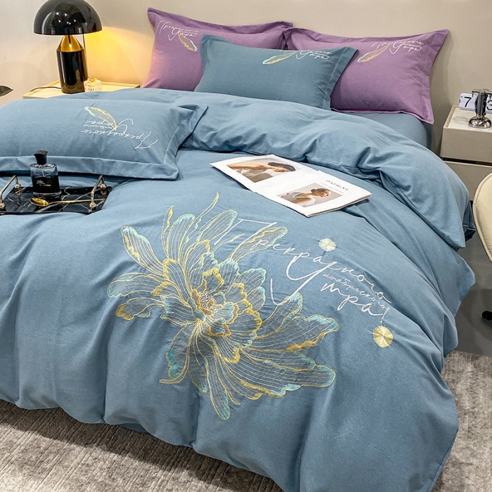 91家纺网 家纺一手货源 找家纺 涵宸 2022新款全棉铂金磨毛刺绣四件套-篱园 篱园-摩卡蓝