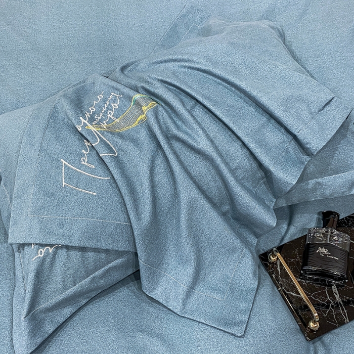 91家纺网 家纺一手货源 找家纺 涵宸 2022新款全棉铂金磨毛刺绣四件套-篱园 篱园-摩卡蓝