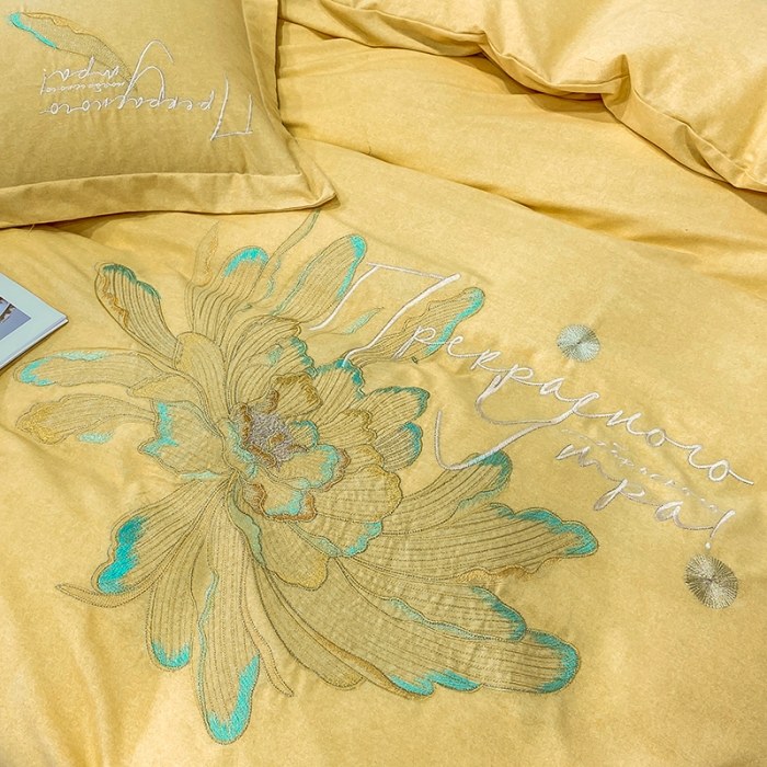 91家纺网 家纺一手货源 找家纺 涵宸 2022新款全棉铂金磨毛刺绣四件套-篱园 篱园-气质黄