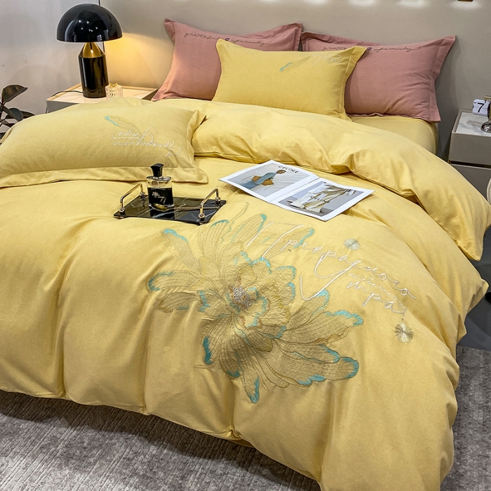 91家纺网 家纺一手货源 找家纺 涵宸 2022新款全棉铂金磨毛刺绣四件套-篱园 篱园-气质黄