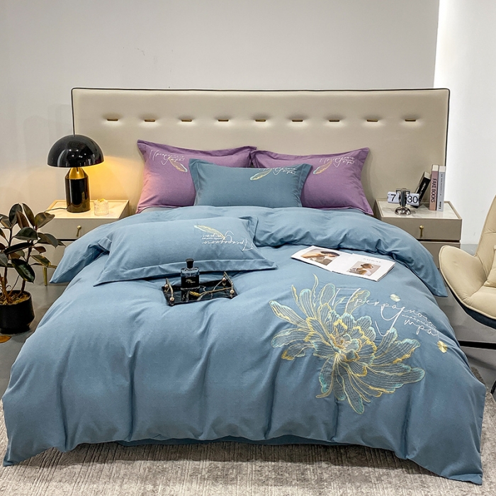91家纺网 家纺一手货源 找家纺 涵宸 2022新款全棉铂金磨毛刺绣四件套-篱园 篱园-摩卡蓝