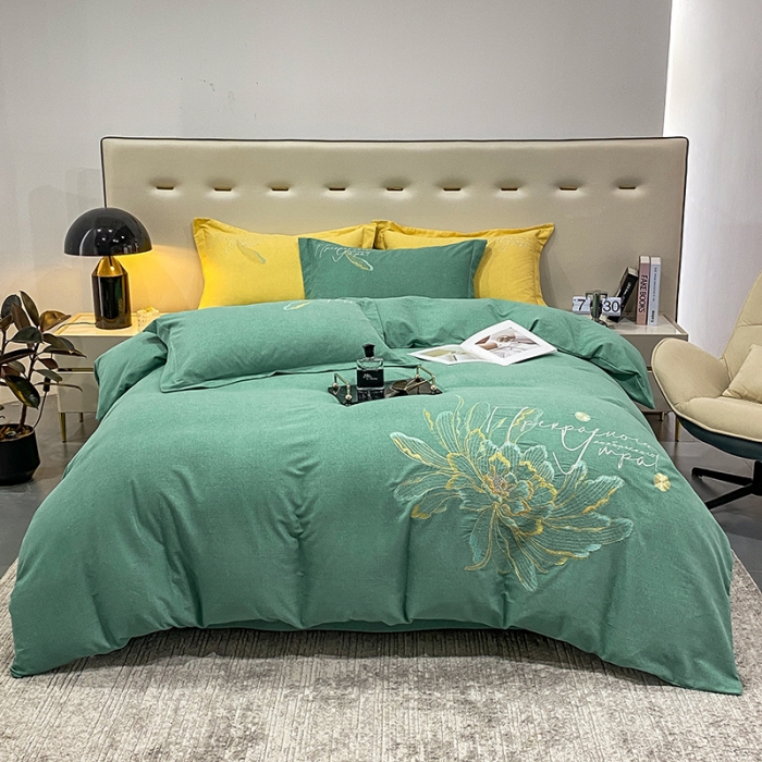 91家纺网 家纺一手货源 找家纺 涵宸 2022新款全棉铂金磨毛刺绣四件套-篱园系列 篱园-橄榄绿