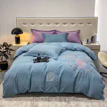 91家纺网 家纺一手货源 找家纺 涵宸 2022新款全棉铂金磨毛刺绣四件套-月息系列 月息-摩卡蓝