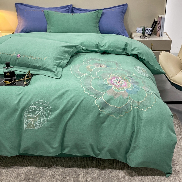 91家纺网 家纺一手货源 找家纺 涵宸 2022新款全棉铂金磨毛刺绣四件套-月息系列 月息-橄榄绿