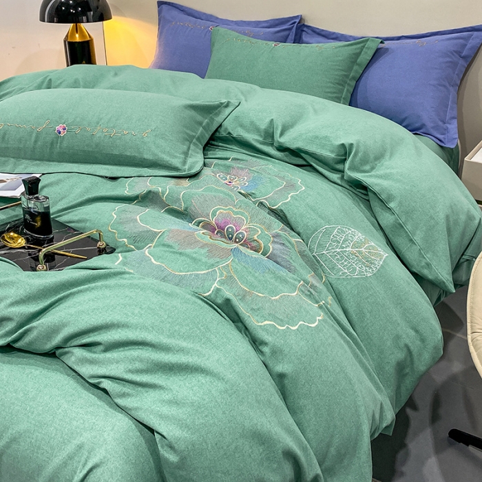 91家纺网 家纺一手货源 找家纺 涵宸 2022新款全棉铂金磨毛刺绣四件套-月息系列 月息-橄榄绿