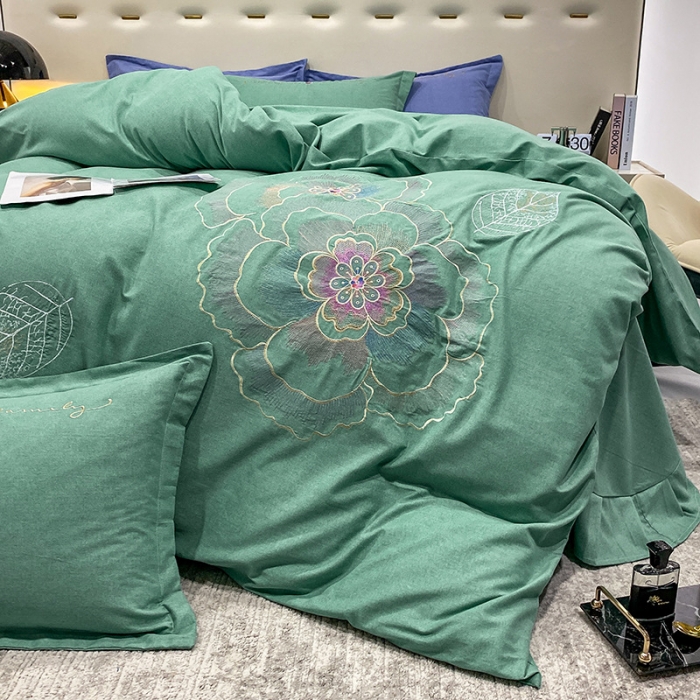 91家纺网 家纺一手货源 找家纺 涵宸 2022新款全棉铂金磨毛刺绣四件套-月息系列 月息-橄榄绿