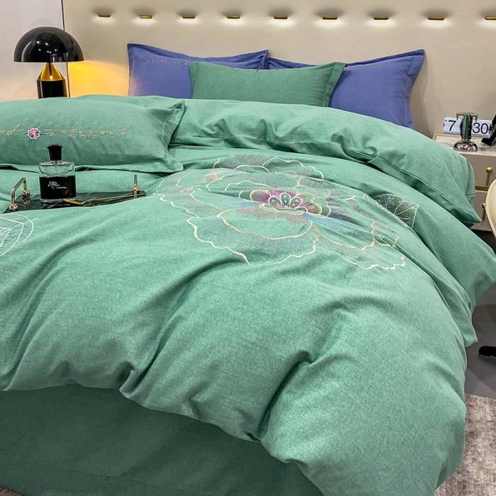 91家纺网 家纺一手货源 找家纺 涵宸 2022新款全棉铂金磨毛刺绣四件套-月息系列 月息-橄榄绿