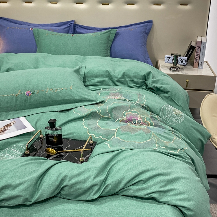 91家纺网 家纺一手货源 找家纺 涵宸 2022新款全棉铂金磨毛刺绣四件套-月息系列 月息-橄榄绿