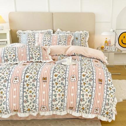 91家纺网 家纺一手货源 找家纺 二八年华 2022新款印花牛奶绒四件套 条纹花（蓝）