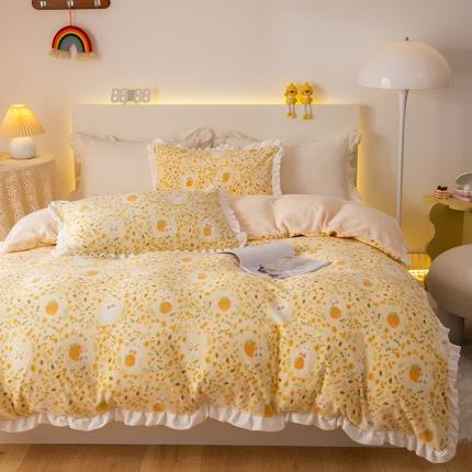 91家纺网 家纺一手货源 找家纺 二八年华 2022新款印花牛奶绒四件套 草莓兔（黄）