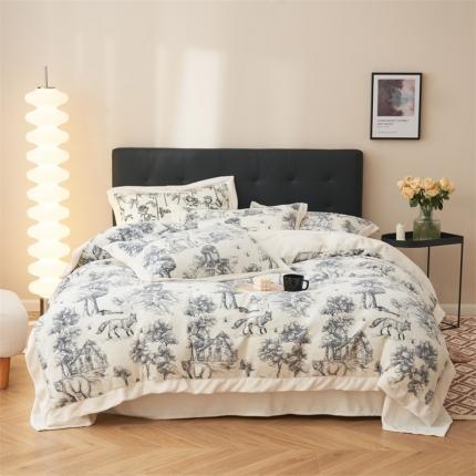 91家纺网 家纺一手货源 找家纺 晨曦慵懒风黑白合辑极简主义奶油绒牛奶绒四件套黑白调调森林城堡