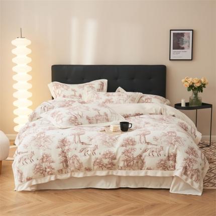 91家纺网 家纺一手货源 找家纺 晨曦 慵懒风黑白合辑极简主义奶油绒牛奶绒四件套 梦幻森林城堡