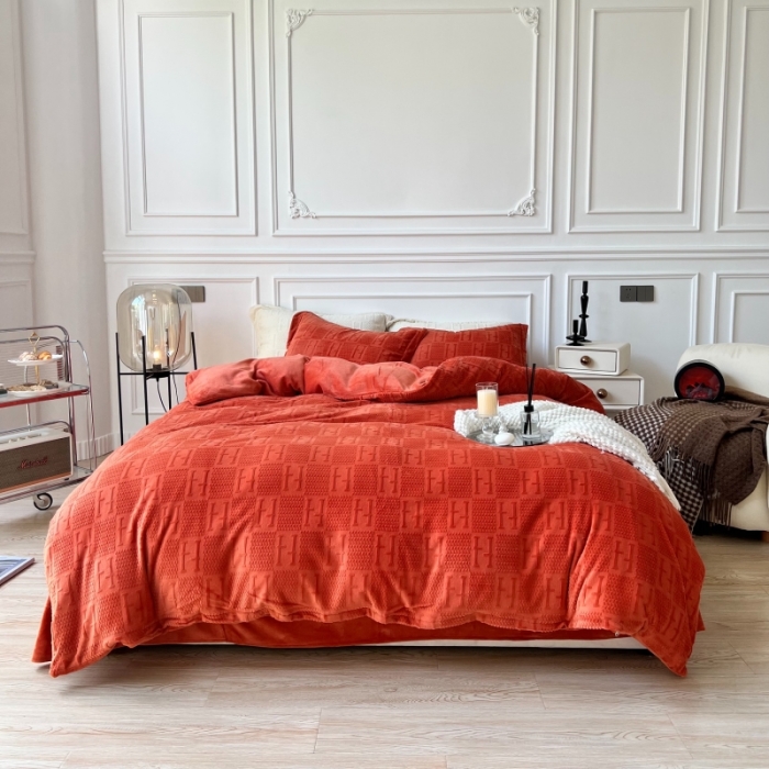 91家纺网 家纺一手货源 找家纺 安莱生活 2022新款牛奶绒雕花210克重比弗利系列 熔岩橙