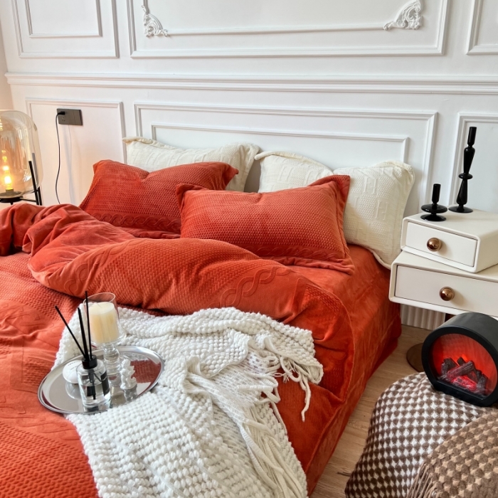 91家纺网 家纺一手货源 找家纺 安莱生活 2022新款牛奶绒雕花210克重丽芙系列 熔岩橙