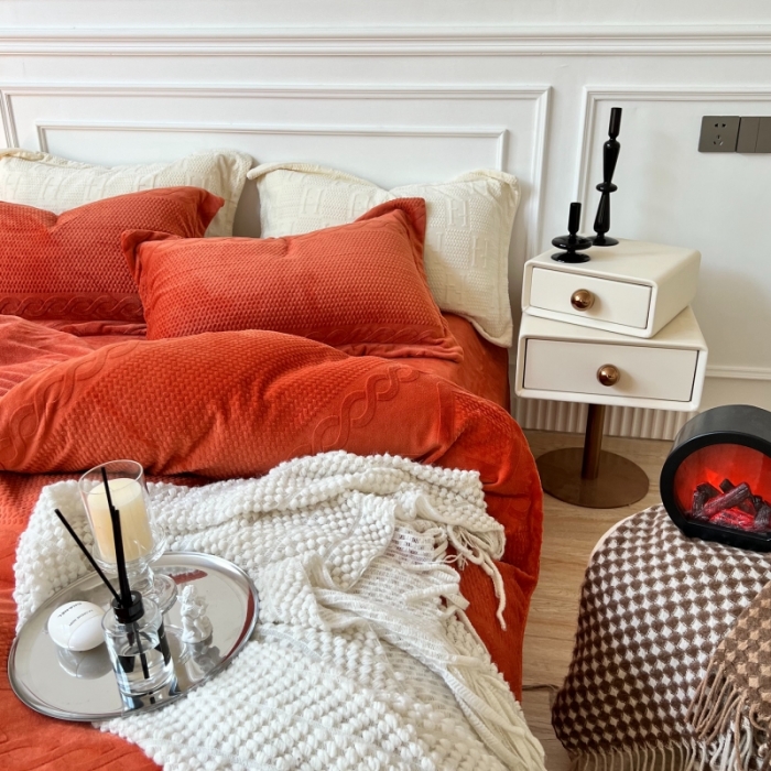 91家纺网 家纺一手货源 找家纺 安莱生活 2022新款牛奶绒雕花210克重丽芙系列 熔岩橙