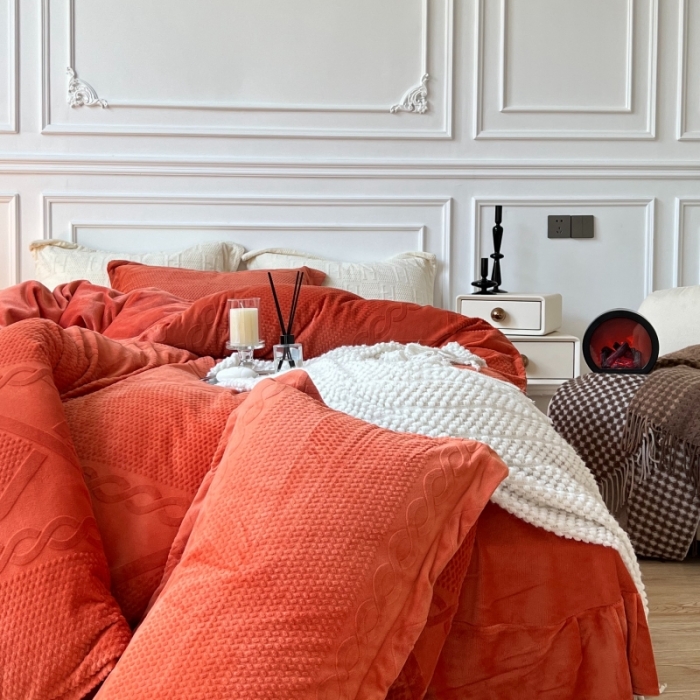 91家纺网 家纺一手货源 找家纺 安莱生活 2022新款牛奶绒雕花210克重丽芙系列 熔岩橙