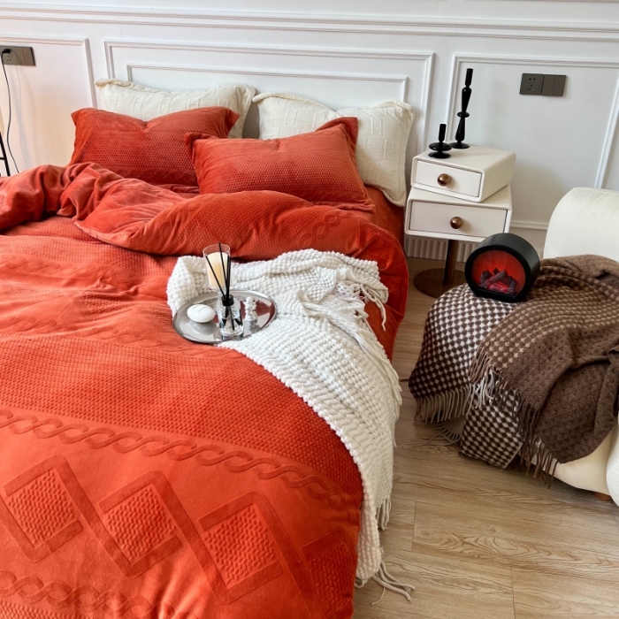 91家纺网 家纺一手货源 找家纺 安莱生活 2022新款牛奶绒雕花210克重丽芙系列 熔岩橙