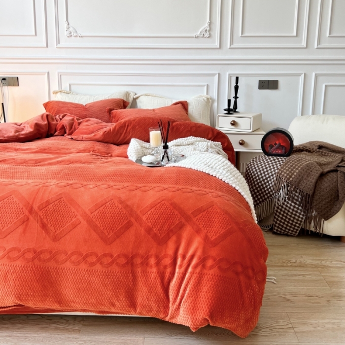 91家纺网 家纺一手货源 找家纺 安莱生活 2022新款牛奶绒雕花210克重丽芙系列 熔岩橙