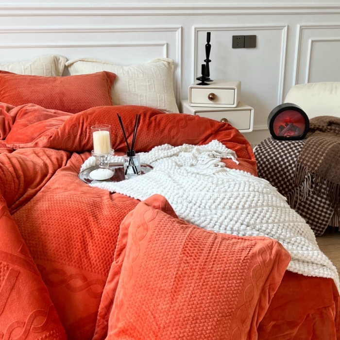 91家纺网 家纺一手货源 找家纺 安莱生活 2022新款牛奶绒雕花210克重丽芙系列 熔岩橙