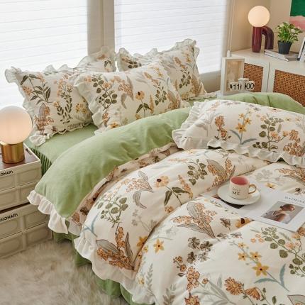 91家纺网 家纺一手货源 找家纺 （总）2023新款 包小包 高克重小清新印花花边牛奶绒四件套