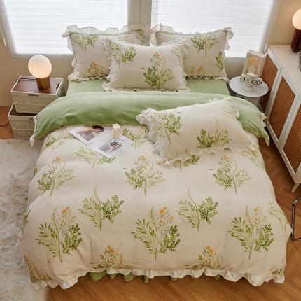 2023新款 包小包 高克重小清新印花花边牛奶绒四件套 仙草