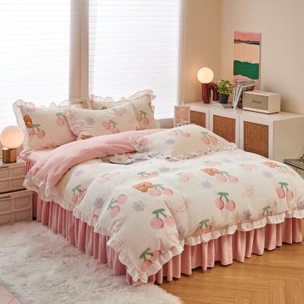 2023新款包小包高克重小清新印花花边牛奶绒四件套 小熊樱桃