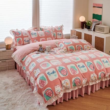 2023新款包小包 高克重小清新印花花边牛奶绒四件套 草莓兔